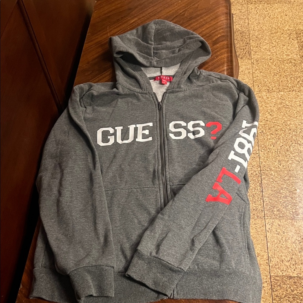 Guess Charcoal Hoodie with Red and White Lettering